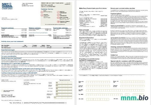 USA Navy Federal Bank wyciąg z kredytu hipotecznego w formatach Word i PDF, 2 strony